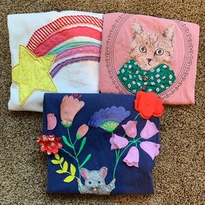 Lot of 3 Mini Boden embroidered tees. Cat, shooting star, mouse and flowers.